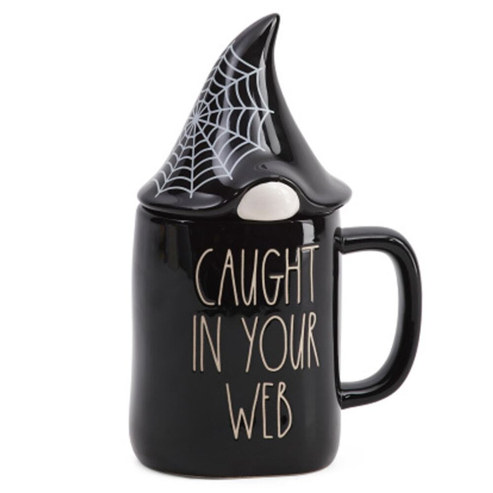 Rae Dunn Halloween Figural Mug CAUGHT IN YOUR WEB Gnome Topper Black Fall